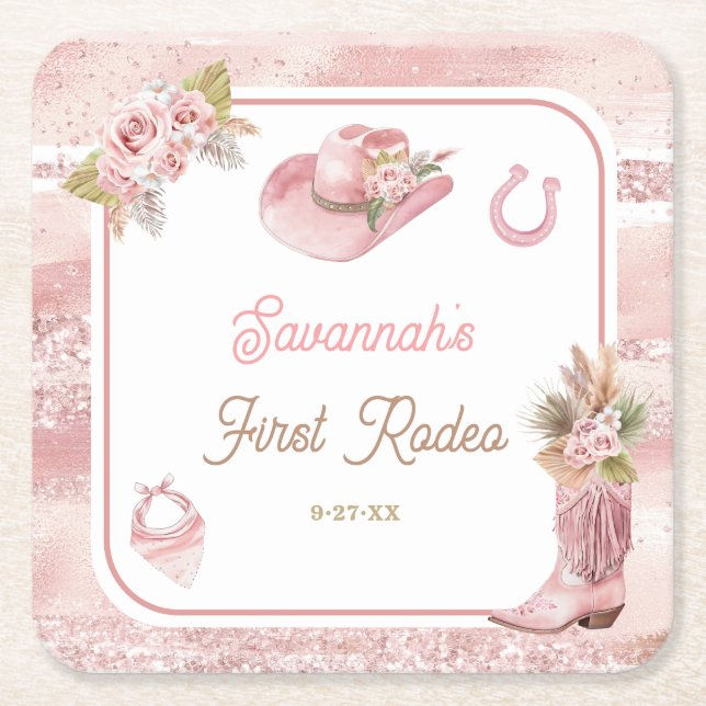 Pink Boho First Rodeo 1st Birthday Square Paper Coaster (Front)