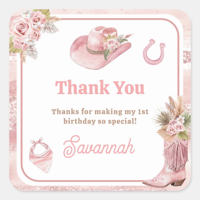 Pink Boho First Rodeo 1st Birthday Square Sticker (Front)