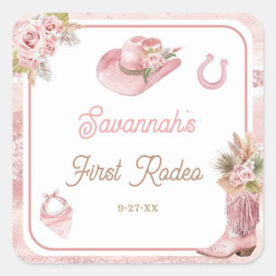 Pink Boho First Rodeo 1st Birthday Square Sticker