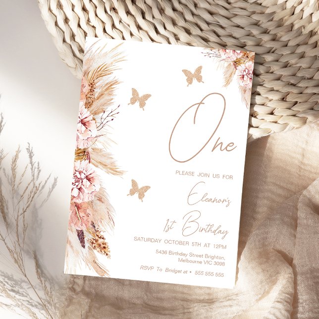 Pink Boho Floral And Butterflies 1st Birthday Invitation (Girls Boho Floral 1st Birthday Invitation Butterfly Butterflies First Birthday Invitation Girl)