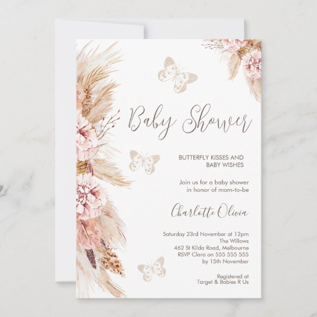 Pink Boho Floral And Butterflies Baby Shower Invitation (Front)