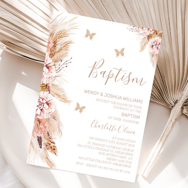 Pink Boho Floral And Butterflies Baptism Invitation (Boho floral baptism invitation for baby girl also featuring some faux gold glitter butterflies.)