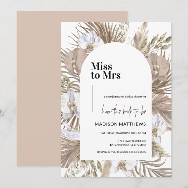 Pink Boho Floral Arch Miss to Mrs Bridal Shower  Invitation (Front/Back)