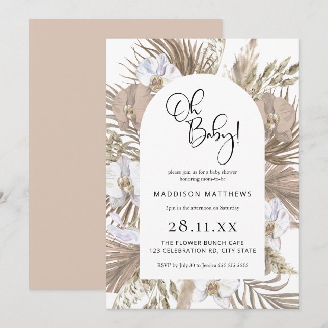 Pink Boho Floral Arch Oh Baby Shower Invitation (Front/Back)