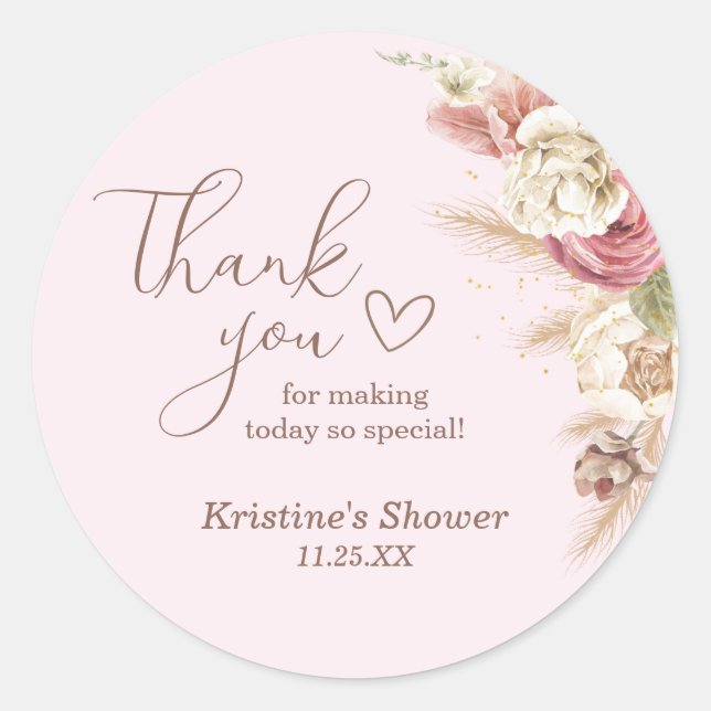 Pink Boho Floral Baby Shower Thank You Message Classic Round Sticker (Front)