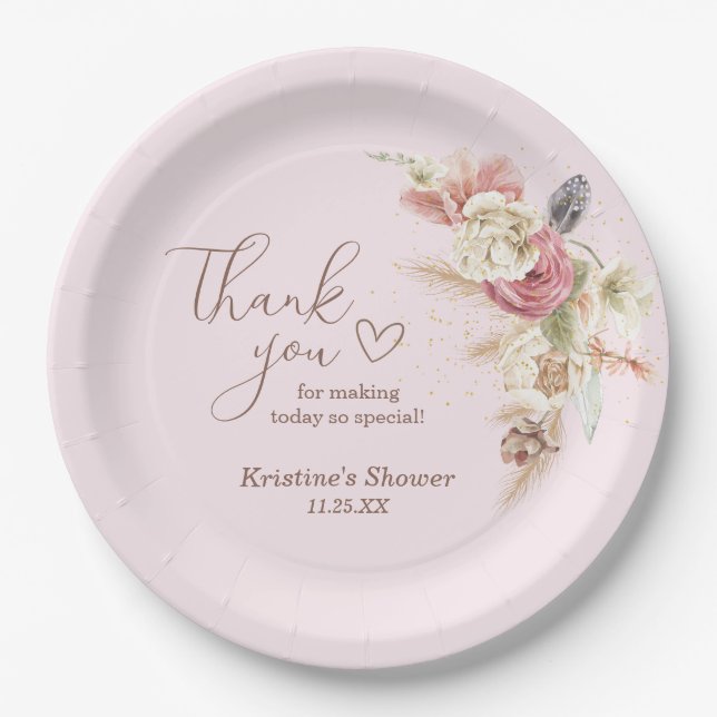 Pink Boho Floral Baby Shower Thank You Message Paper Plate (Front)
