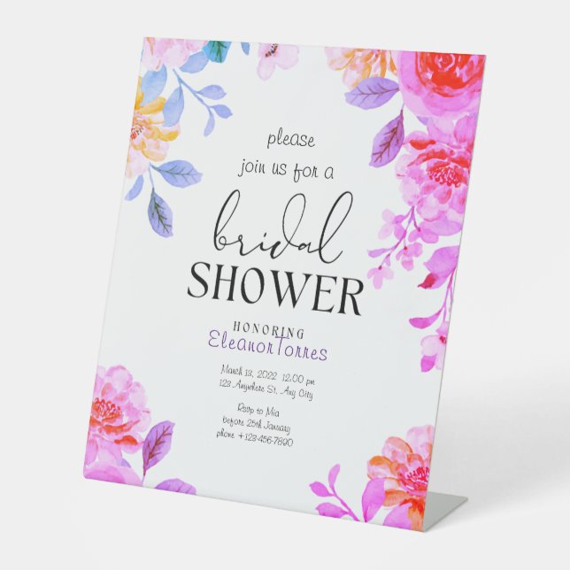 Pink boho floral bridal shower invitation pedestal sign (Front)
