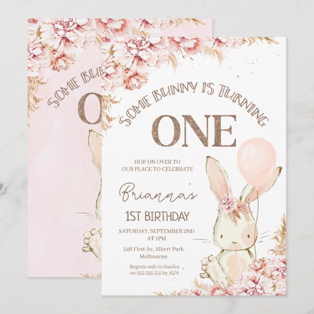 Pink Boho Floral Bunny 1st Birthday Invitation (Front/Back)