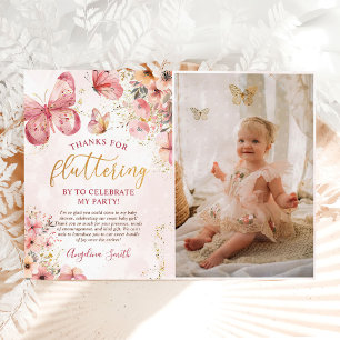 Pink Boho Floral Butterfly Baby Shower Photo Thank You Card