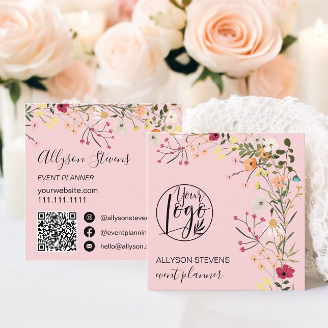 Pink Boho floral event planner logo qr code Square Business Card (Pink Boho floral event planner logo qr code Square Business Card)