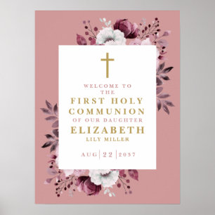 Pink Boho Floral First Holy Communion Welcome Sign