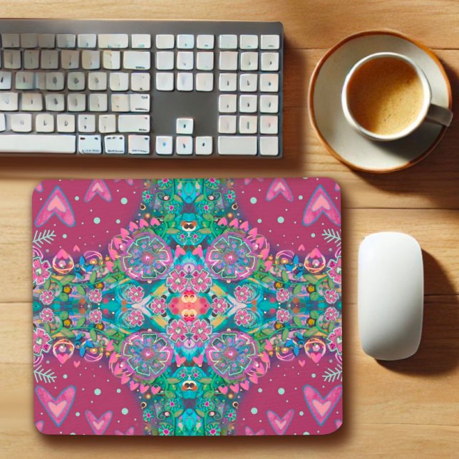 Pink Boho Floral Heart Pattern Cheerful Pretty  Mouse Mat (Creator Uploaded)