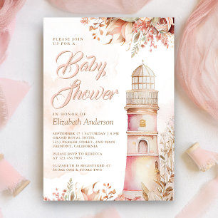 Pink Boho Floral Lighthouse Baby Shower Invitation