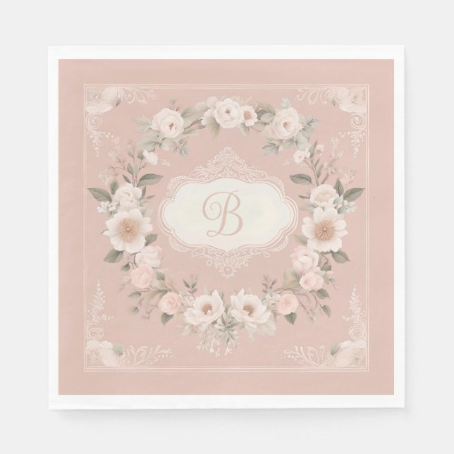 Pink Boho Floral Monogram Napkin (Front)