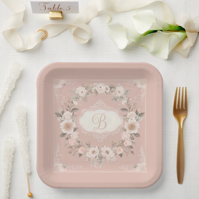 Pink Boho Floral Monogram Paper Plate (Wedding)