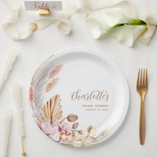 Pink Boho Floral Pampas Grass   Bridal Shower  Paper Plate