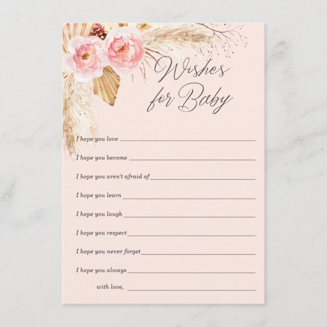 Pink boho floral pampas grass wishes for baby girl advice card (Front)