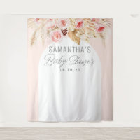 pink Boho Floral Pampass Baby Girl Shower Backdrop