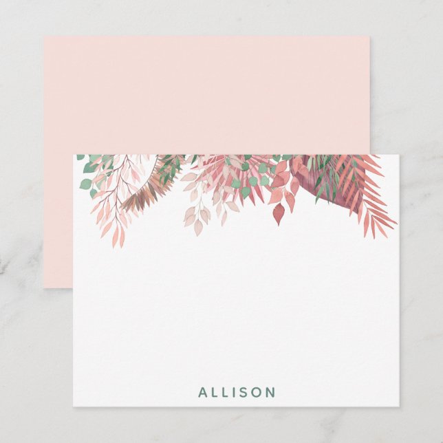 Pink Boho Floral Personalised Flat Note Card (Front/Back)