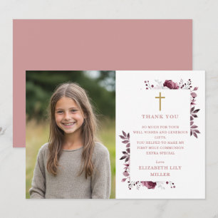 Pink Boho Floral Photo First Holy Communion Thank You Card
