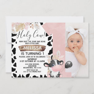 Pink Boho Floral Photo Holy Cow 1st Birthday Invitation