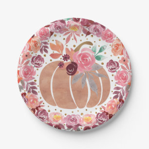 Pink Boho Floral Pumpkin Bday Shower Paper Plate