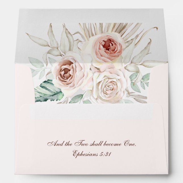 Pink Boho Floral Return Address Wedding Blush Envelope (Back (Bottom))