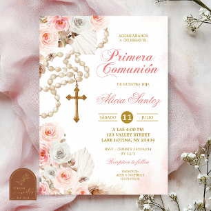 Pink Boho Floral Rosary First Holy Communion Invit Invitation