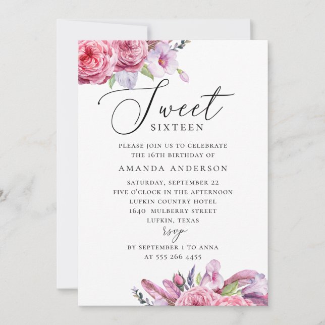 Pink boho floral Sweet 16. Garden 16th birthday Invitation (Front)