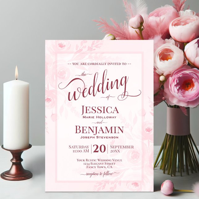 Pink Boho Floral Watercolor Stylish Script Wedding Invitation (Creator Uploaded)