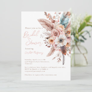 Pink Boho Flower & Feathers Elegant Bridal Shower Invitation