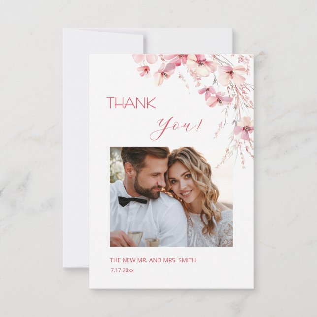 Pink Boho  Flowers Thank You Card (Front)