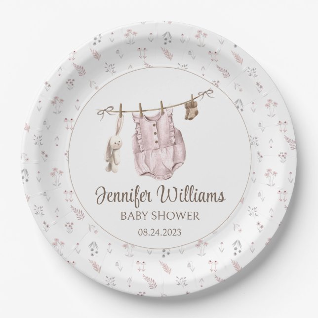 Pink boho girl clothes baby shower paper plates (Front)