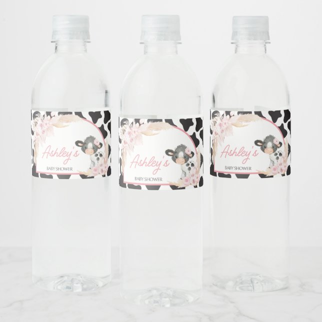 Pink Boho Highland Cow Baby Shower Water Bottle Label (Bottles)