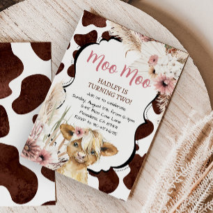 Pink Boho Highland Cow Birthday Invitation