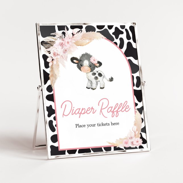 Pink Boho Highland Cow Diaper Raffle Poster (Girl Floral Highland Cow Baby Shower Diaper Raffle Sign)
