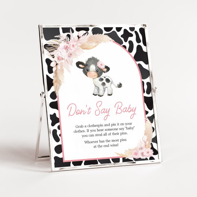 Pink Boho Highland Cow Don't Say Baby Poster (Girl Floral Highland Cow Baby Shower Don't Say Baby Sign)