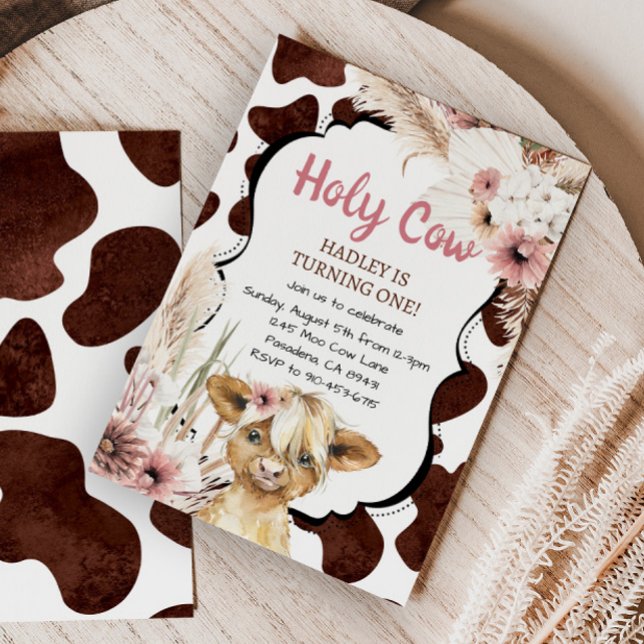 Pink Boho Highland Cow I'm One Girl First Birthday Invitation (Creator Uploaded)