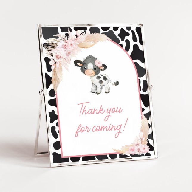 Pink Boho Highland Cow Thank You for Coming Poster (Girl Floral Highland Cow Baby Shower Thank You for Coming Sign)