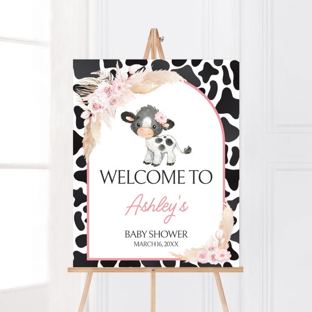 Pink Boho Highland Cow Welcome Poster (Girl Floral Highland Cow Baby Shower Welcome Sign)