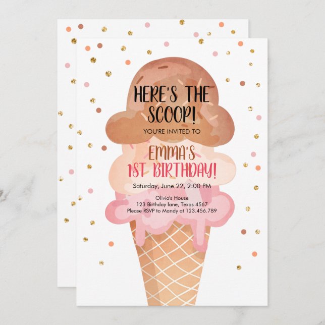 Pink Boho Ice Cream Cone Confetti Birthday Invite (Front/Back)