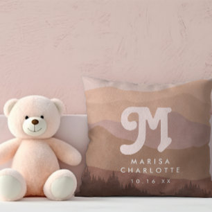 Pink Boho Monogram Mountain & Forest Retro Nursery Cushion
