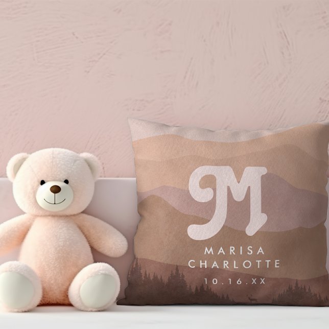 Pink Boho Monogram Mountain & Forest Retro Nursery Cushion (Creator Uploaded)