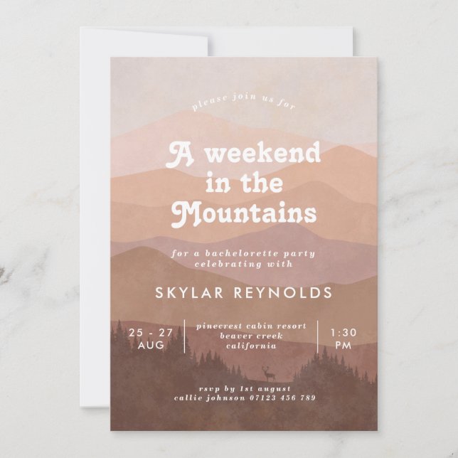 Pink Boho Mountains Retro Bachelorette Weekend Invitation (Front)