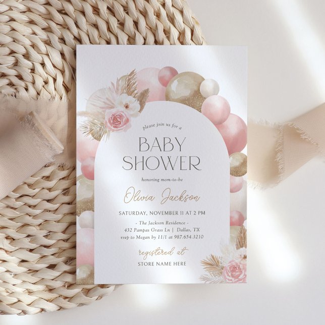 Pink Boho Pampas Grass Arch Girl Baby Shower Invitation (Creator Uploaded)