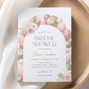Pink Boho Pampas Grass Balloon Arch Bridal Shower Invitation