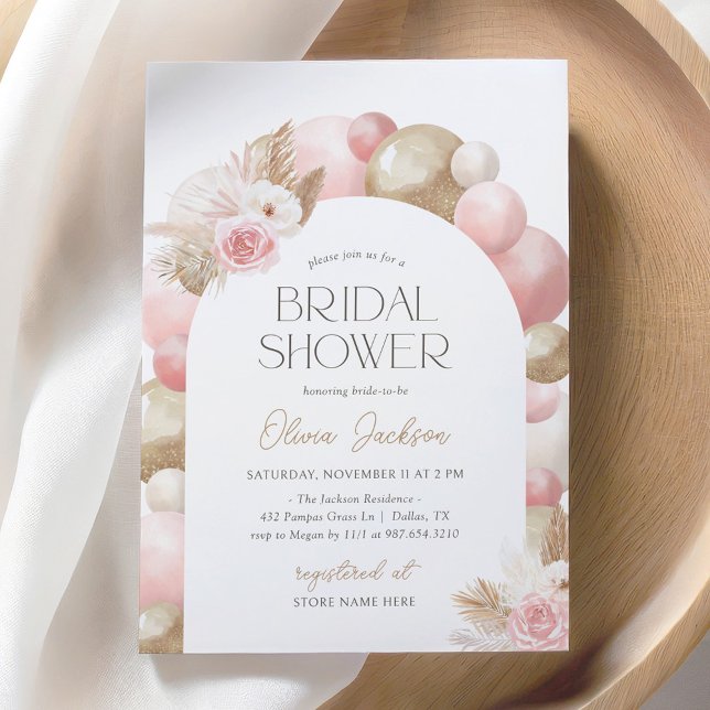 Pink Boho Pampas Grass Balloon Arch Bridal Shower Invitation (Creator Uploaded)