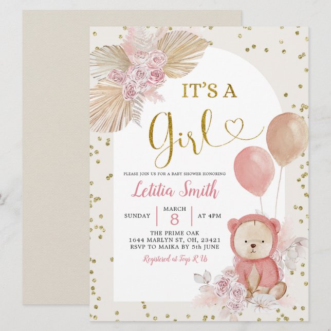 Pink Boho Pampas Grass Girl Baby Shower Invitation (Front/Back)