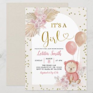 Pink Boho Pampas Grass Girl Baby Shower Invitation