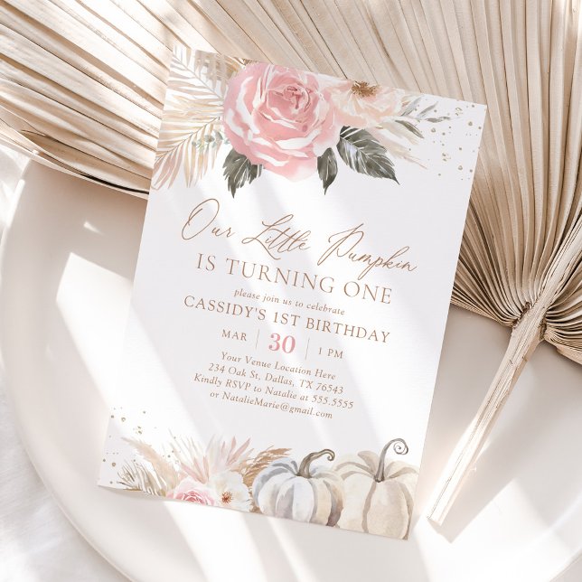 Pink Boho Pampas Grass Pumpkin 1st Birthday Invitation (Creator Uploaded)